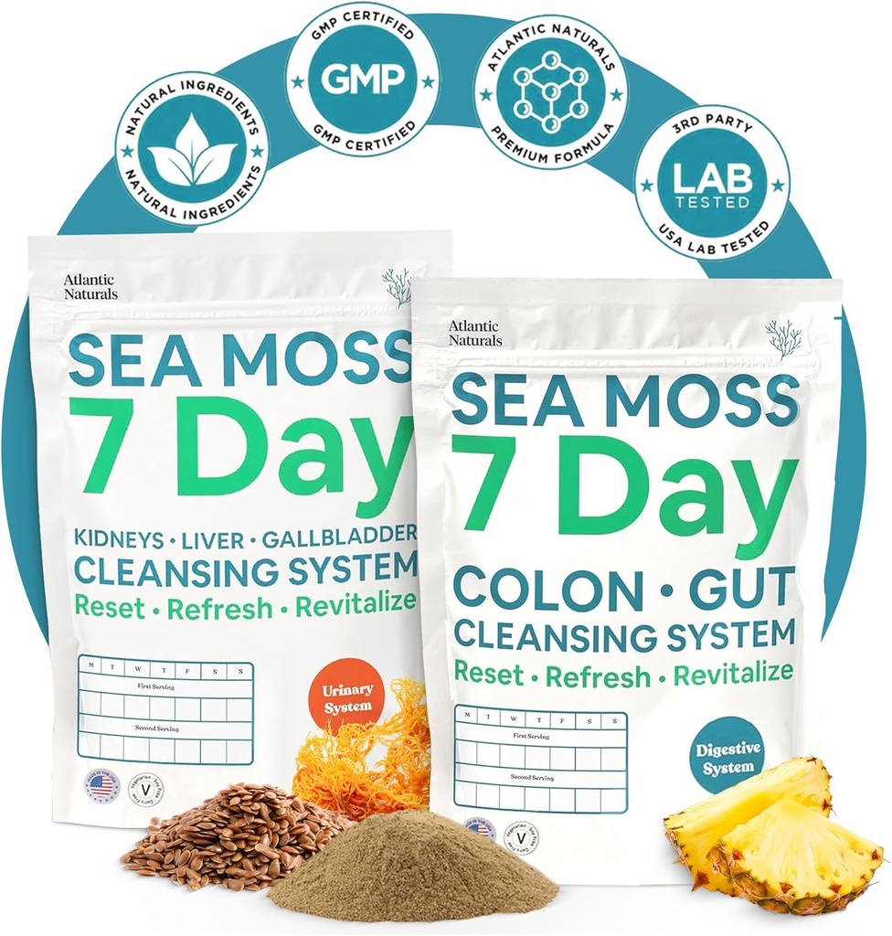 Atlantic Naturals Sea Moss 7Day Full Body Cleanse Detox Sche, Colon Cleanse Toz with Psyllium Husk Senna Toz & Organik Denizi Moss Kidney, Liver, Gallbladder, Pineapple Flavor Drink Mix