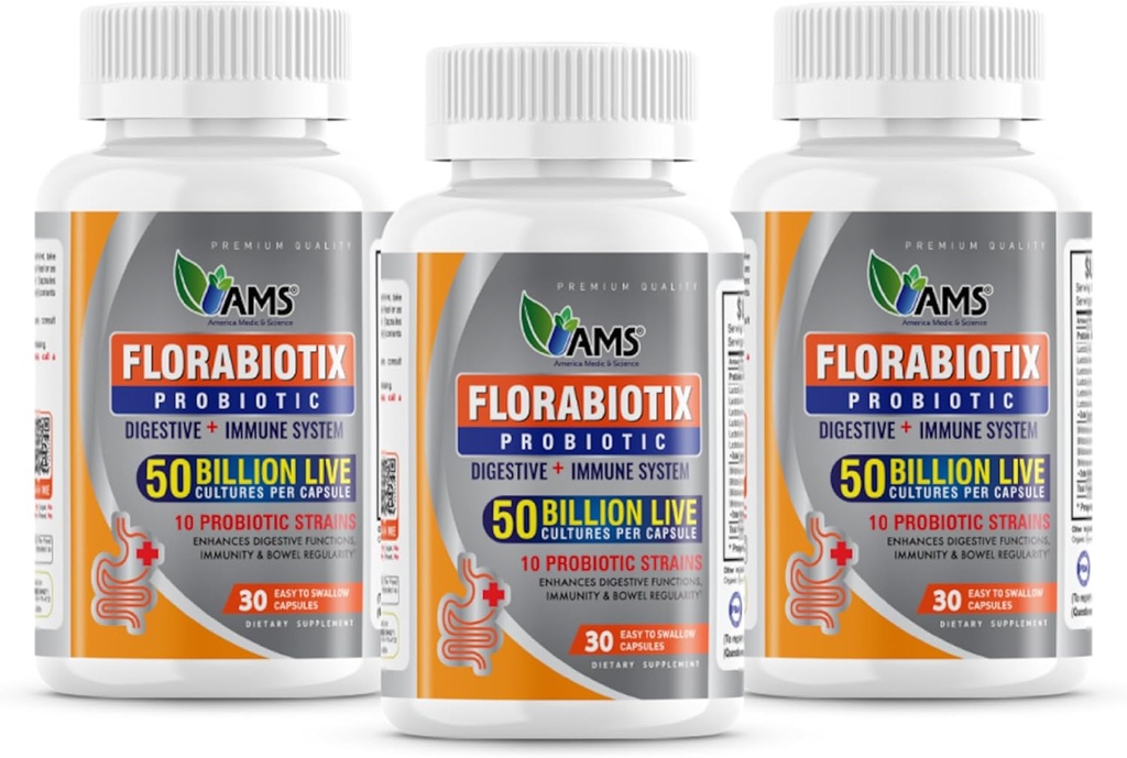 Amerika Medic & Science Florabiotix Probiyotik (90 Capsules) | Erkekler ve Kadınlar için Diyet Tamamı / 50 Milyar Canlı Kültürler | 10 Probiyotik Strains | Supports Digestive and Immune Health (Pack of 3)