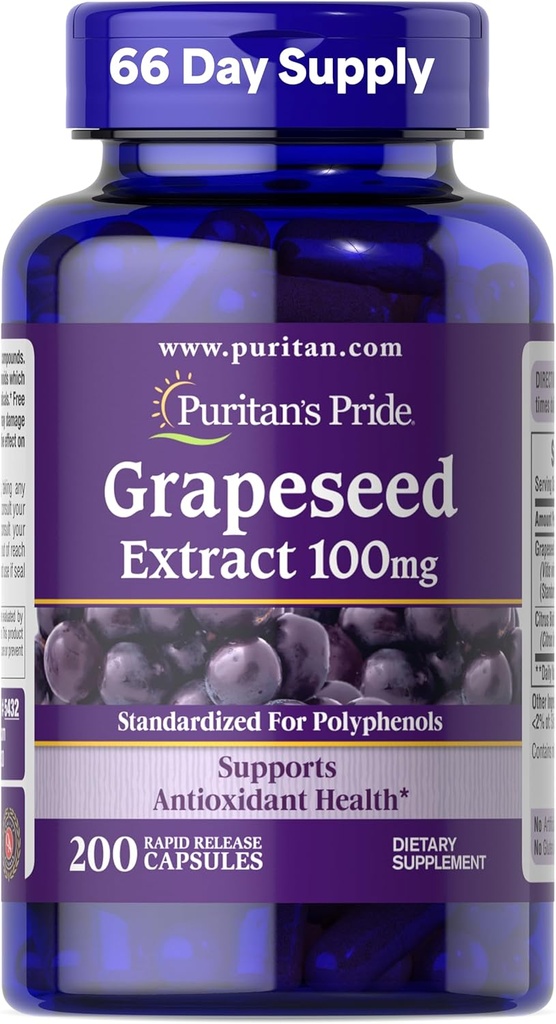 Puritan's Pride Grapeseed Extract 100 mg with Citrus Bioflavonoid Kompleksi, Antioksi ve Kalp Sağlığı Desteği için Diyet Supplement, 200 Hızlı Yayın Kapsülleri