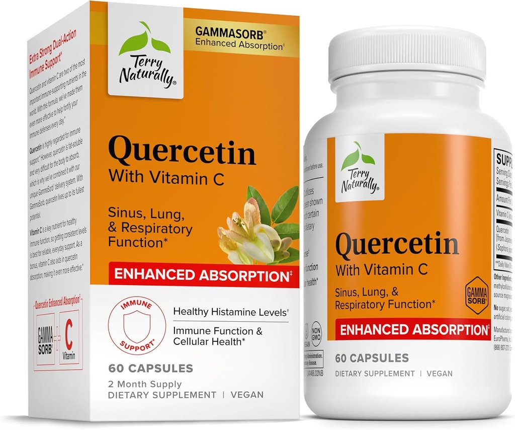 Terry Φυσικά Quercetin με βιταμίνη C Ενισχυμένη Απορρόφηση - Quercetin συμπλήρωμα για την Ανοσολογική Υποστήριξη & Κυτταρική Υγεία - Αναπνευστικό συμπλήρωμα για την Υγεία του Νωτιαίου & Πνεύμονα - 60 κάψουλες
