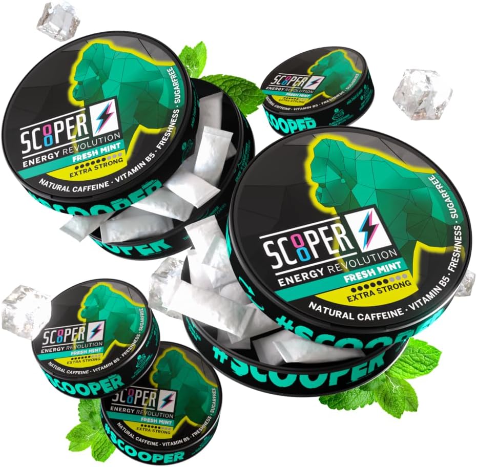 Scooper Energy Fresh Mint | Ekstra Güçlü 80 mg Caffeine | Enerji Pouches Sugarfree | 5 Pack (12 adet /can)