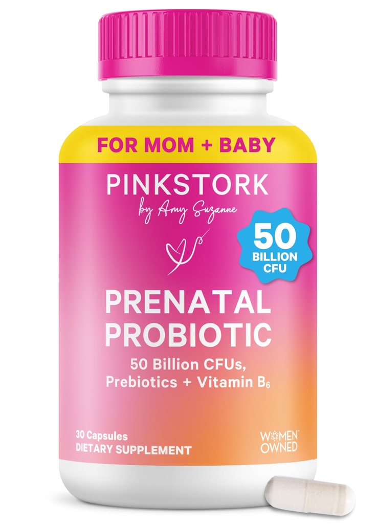 Pink Stork Prenatal Probiyotikler Kadınlar için - 50 Milyar CFU, B6, Prebiyotikler, Sabah Hastalığı, Gut Microbiome, Gecik Probiyotik, Immune Support, Hamile Haves - 30 Capsules