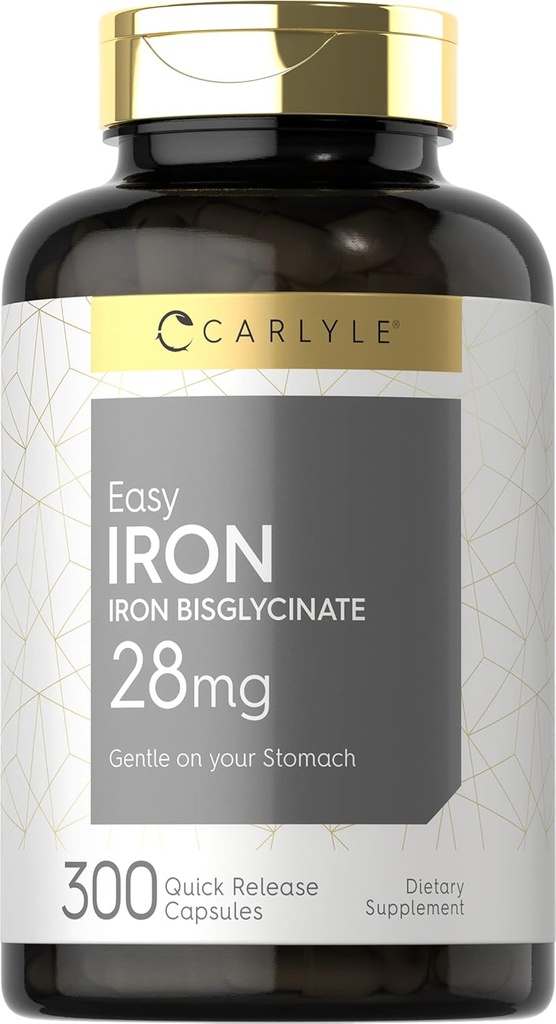 Carlyle Easy Iron Supplement for Women and Men | 28mg | 300 Capsules | Ferrous Bisglycinate | Non-GMO ve Gluten Free