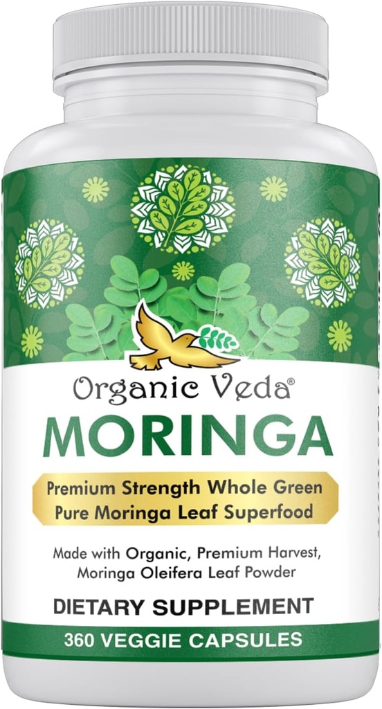 Βιολογικές κάψουλες Veda Moringa Leaf Powder, 1000mg, 360 Count - True Green Native Organic Moringa Oleifera, Premium Strength Nutrient Dense 100% Pure Leaves - Ενέργεια, Ύπνος & Ανοσία Υποστήριξη - Vegan
