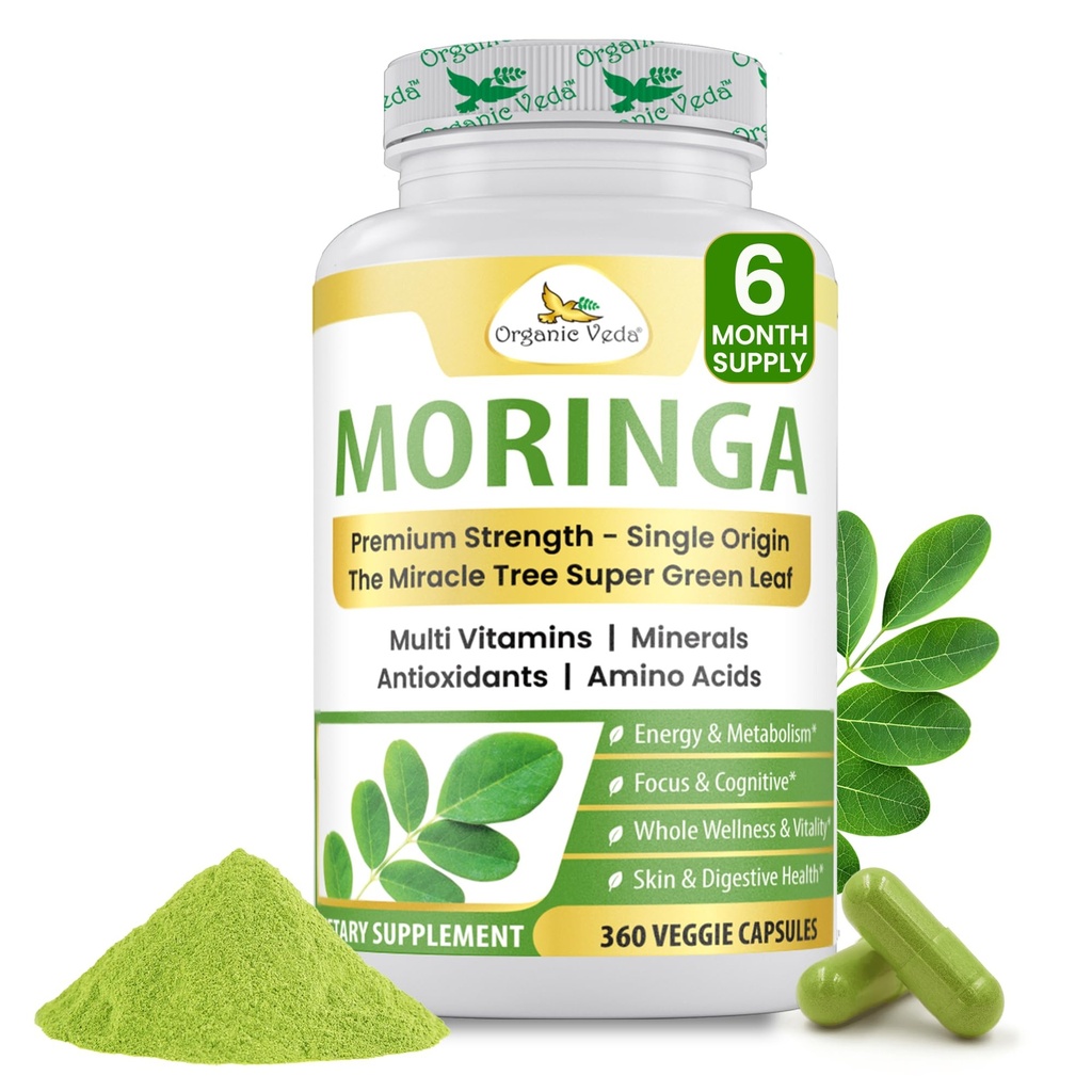 Organik Veda Moringa Leaf Toz Capsules, 1000 mg, 360 Kont - Gerçek Yeşil Yerli Moringa Oleifera, Premium Strength Nutrient Dense 100% Pure Leaves - Energy, Sleep & Immunity Support - Vegan