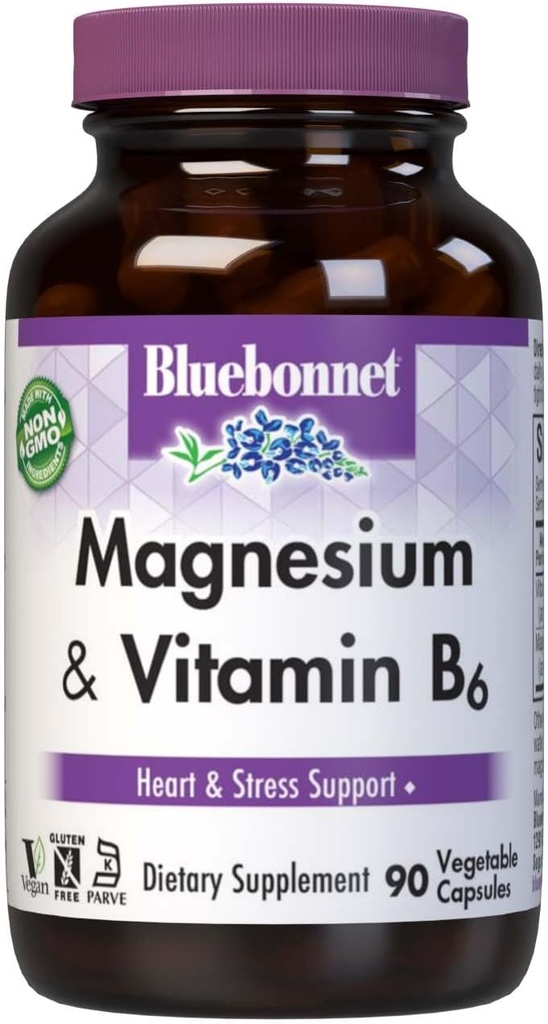 Bluebonnet Beslenme Magnezyum & B6 - 400 mg Çimento Magnezyum & Vitamin B6 25 mg - Kadın ve Erkekler için Kalp ve Beyin Kompleksi* - Non-GMO, Vegan, Gluten-Free - 90 Sebze Capsules