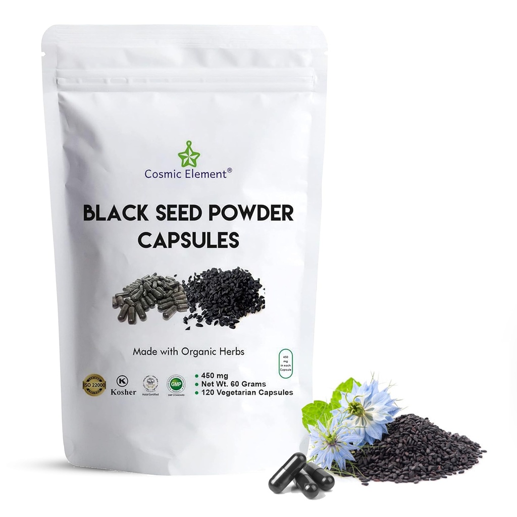 Cosmic Element 100% Pure Black Seed Toz Capsules Organik - Vegan Nigella Sativa 450mg Black Cumin Tohumları Sağlık Için Hizmet Içinde - 120 Capsules