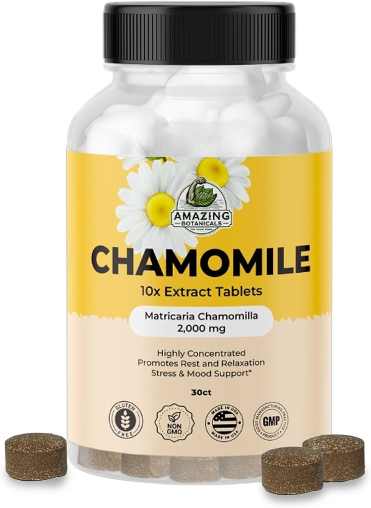 Şaşırtıcı Botanikler Organik Chamomile Ekstra Tabletler - Matricaria Chamomilla Plant-Based Supplement - 10x Ekstraksiyon 2000 MG Her - Rahatlama - 30 Tabletler