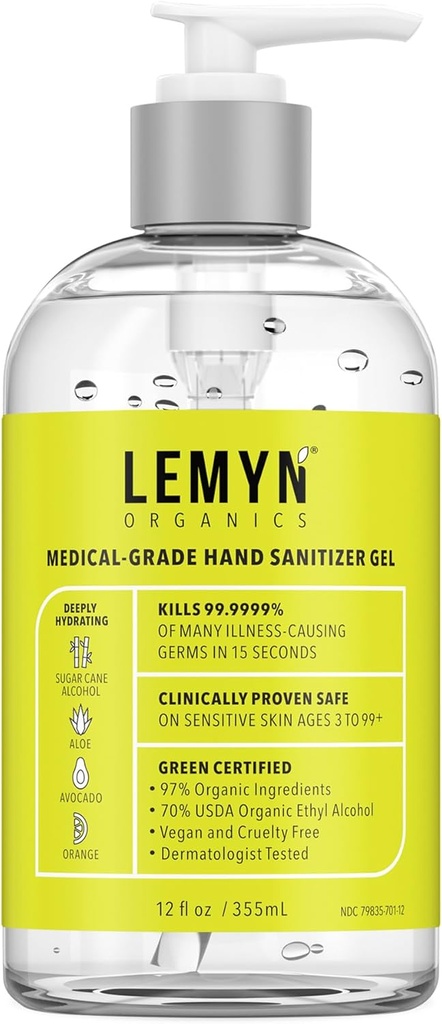 Medical-Grade Hand Sanitizer Gel – % 97 Organik | % 70 USP Ethyl Alkol | Moisturizing Aloe + Hyaluronic Acid | Freshly Made in USA | 12oz Pump ile Şişe