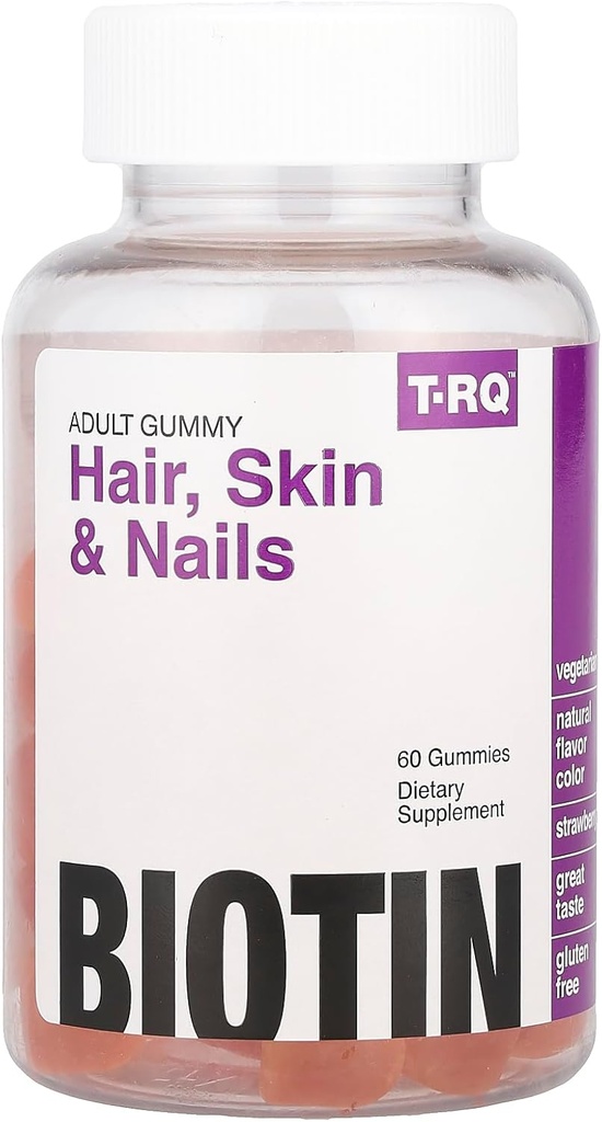 T.RQ Saç, Skin & Nails Gummy Diyetary Supplement, Natural Strawberry, 60 Count