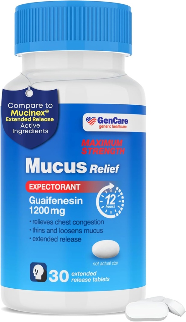 GenCare Mucus Relief 1200 mg maksimum Güçlü (30 Kont) 1200 mg Guaifenesin Genişletilmiş-Release Tabletleri - Yetişkinler için Göğüs Kongestasyon Yardımı - En Az Güçlü 12 Saatle Karşılaştırıldığında