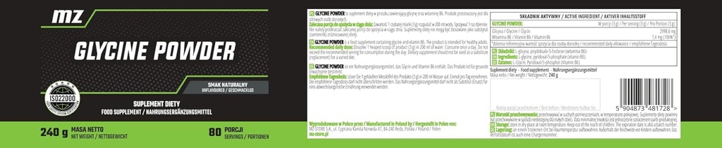 Glycine Powder 240g - 3000 mg Γλυκίνη ανά Σερβίρισμα με Βιταμίνη B6-80 Σερβιέτες ανά συσκευασία - Amino Acid Supplement for Evening Calm - Vegan and Without Additives - by MZ