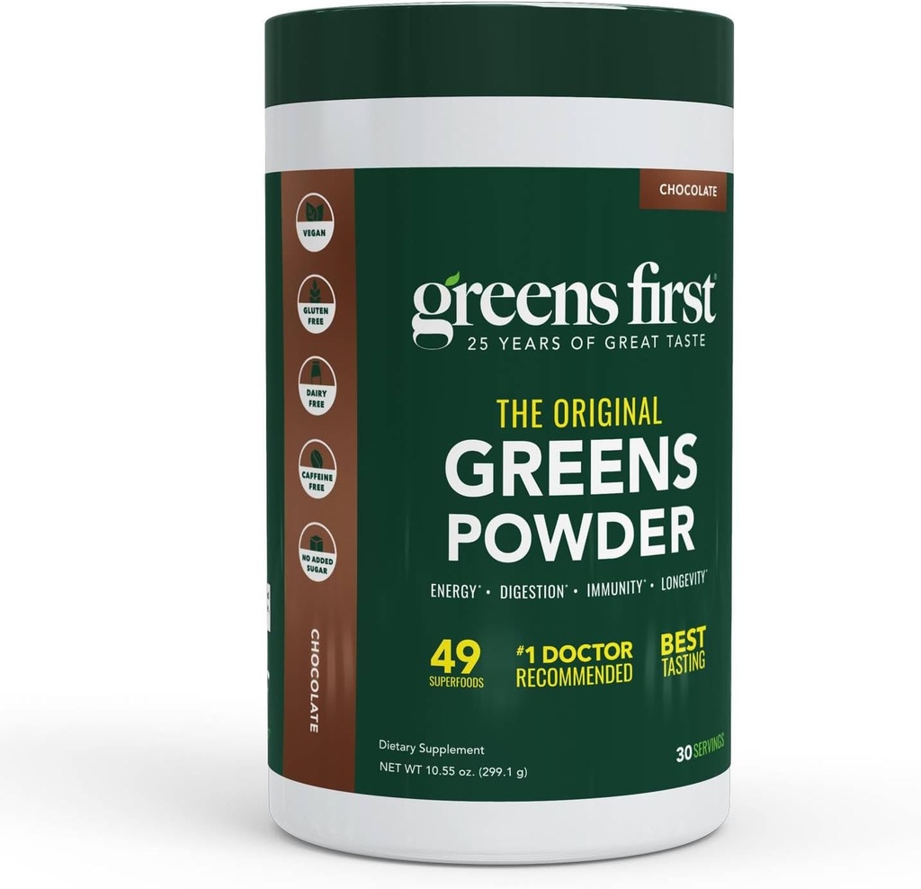 Greens First Original Greens Toz - 49 Superfoods - Organik Meyveler & Veggies - Prebiyotikler, Probiyotikler & Digestive Enzymes - Antioksidan - Süt Free, Vegan, Non-GMO (Chocolate, 30 hizmet)