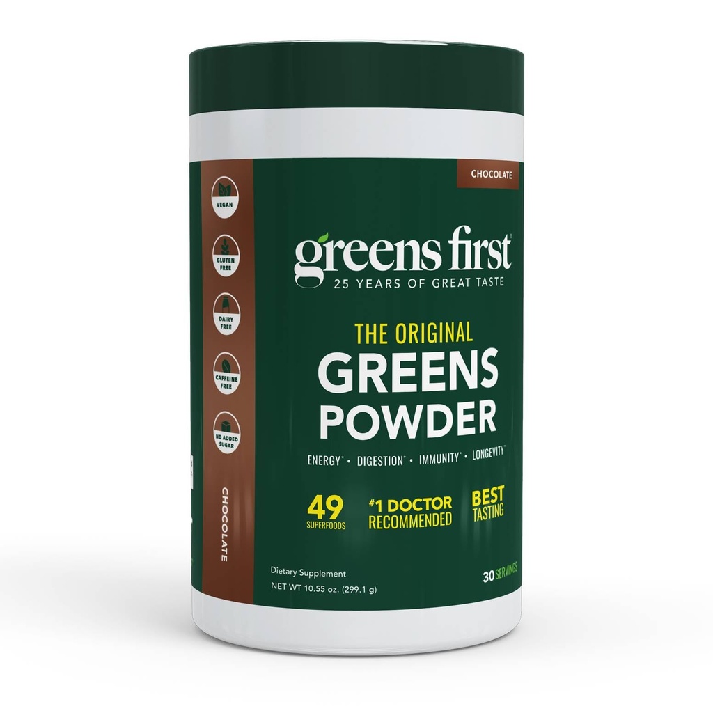 Greens First Original Greens Toz - 49 Superfoods - Organik Meyveler & Veggies - Prebiyotikler, Probiyotikler & Digestive Enzymes - Antioksidan - Süt Free, Vegan, Non-GMO (Chocolate, 30 hizmet)