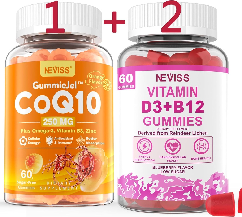 NEVISS Sugar-Free CoQ10-250mg, Gummies,60Cts + Vegan D3 5000IU & Me12 100006 Gummies, 120Cts