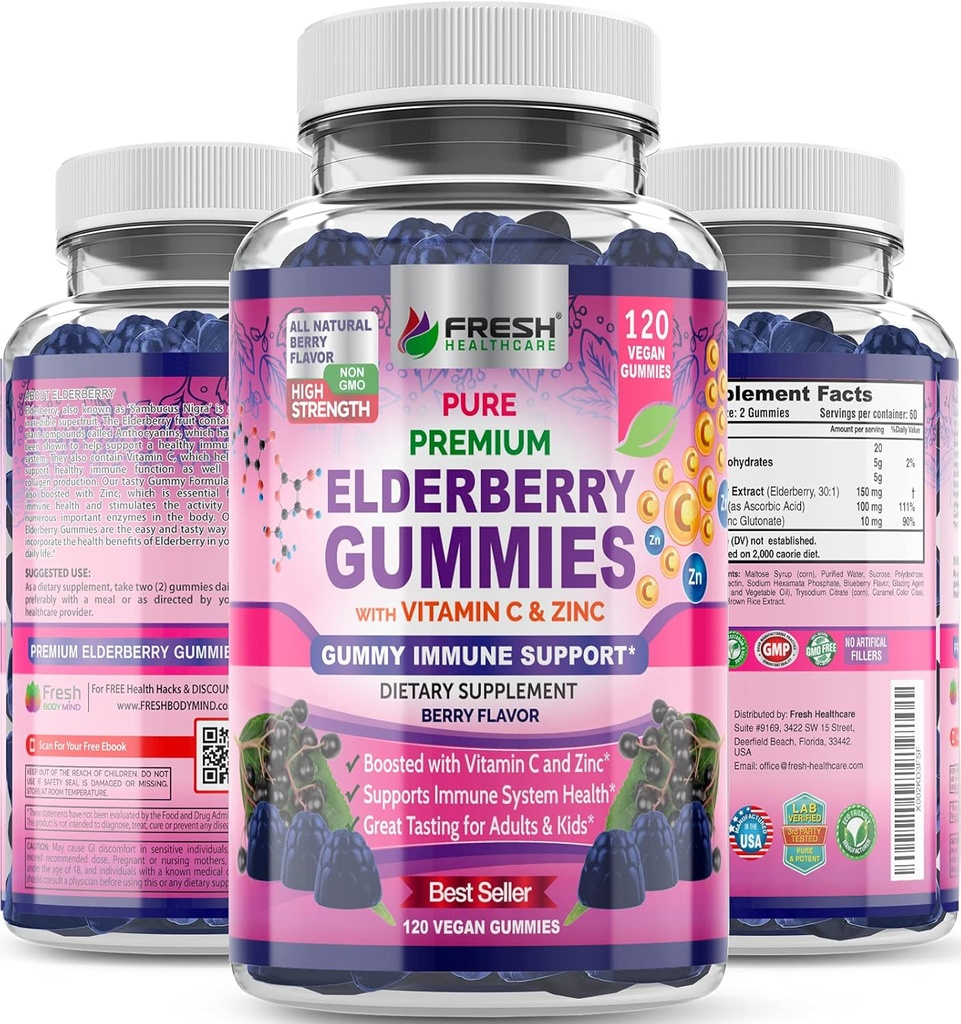 FRESH HEALTHCARE Elderberry Gummies with Vitamin C, Zinc & Sambucus Elderberry 30:1 Extract - 100% Vegan - Ανοσοποιητική Υποστήριξη για Ενήλικες & Παιδιά - 120 Count Gummy Συμπλήρωμα