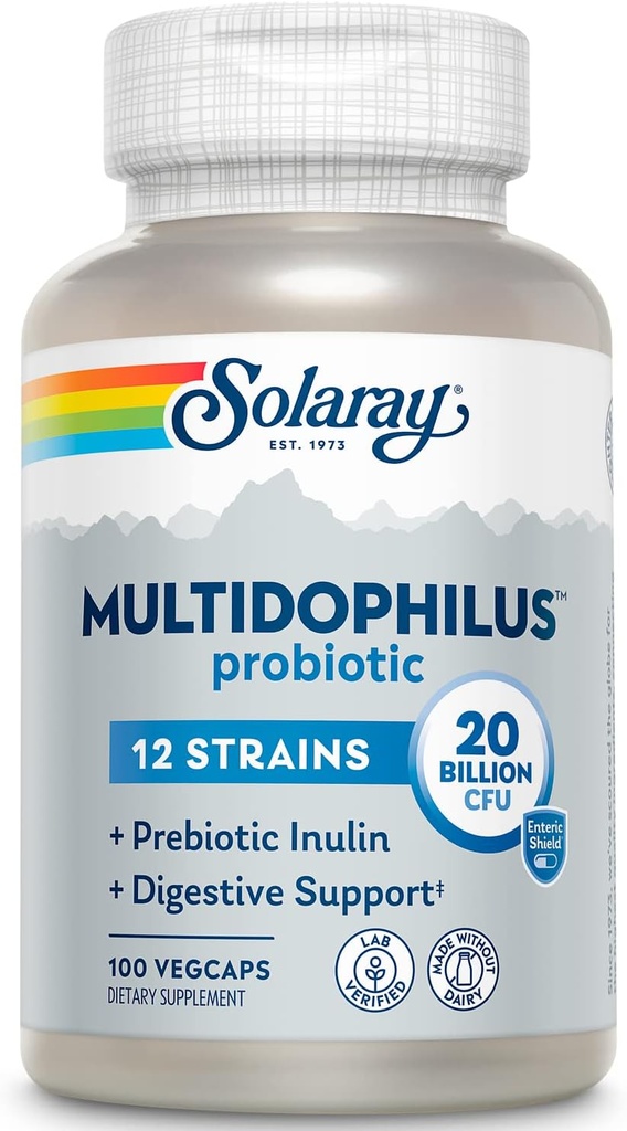 SOLARAY Multidofilius 12 Strain Probiyotik 20 Milyar CFU, Digestive Health ve Gut Health Support, Prebiyotik Inulin, No Dairy, 50 Serv, 100 VegCaps