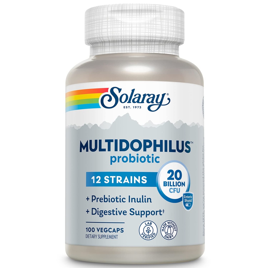 SOLARAY Multidofilius 12 Strain Probiyotik 20 Milyar CFU, Digestive Health ve Gut Health Support, Prebiyotik Inulin, No Dairy, 50 Serv, 100 VegCaps