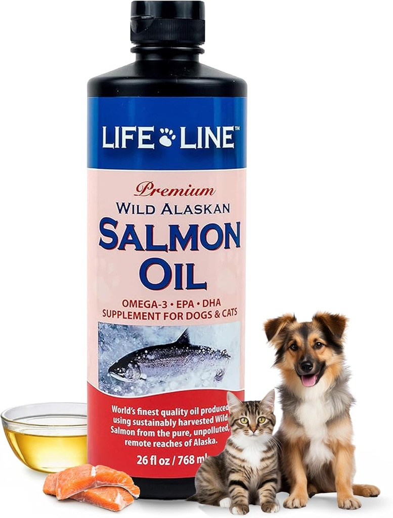 Life Line Wild Alaskan Salmon Oil Omega-3 Supplement for Dogs and Cats | DHA & EPA for Health Skin, Coat, Brain & Heart – 26 oz
