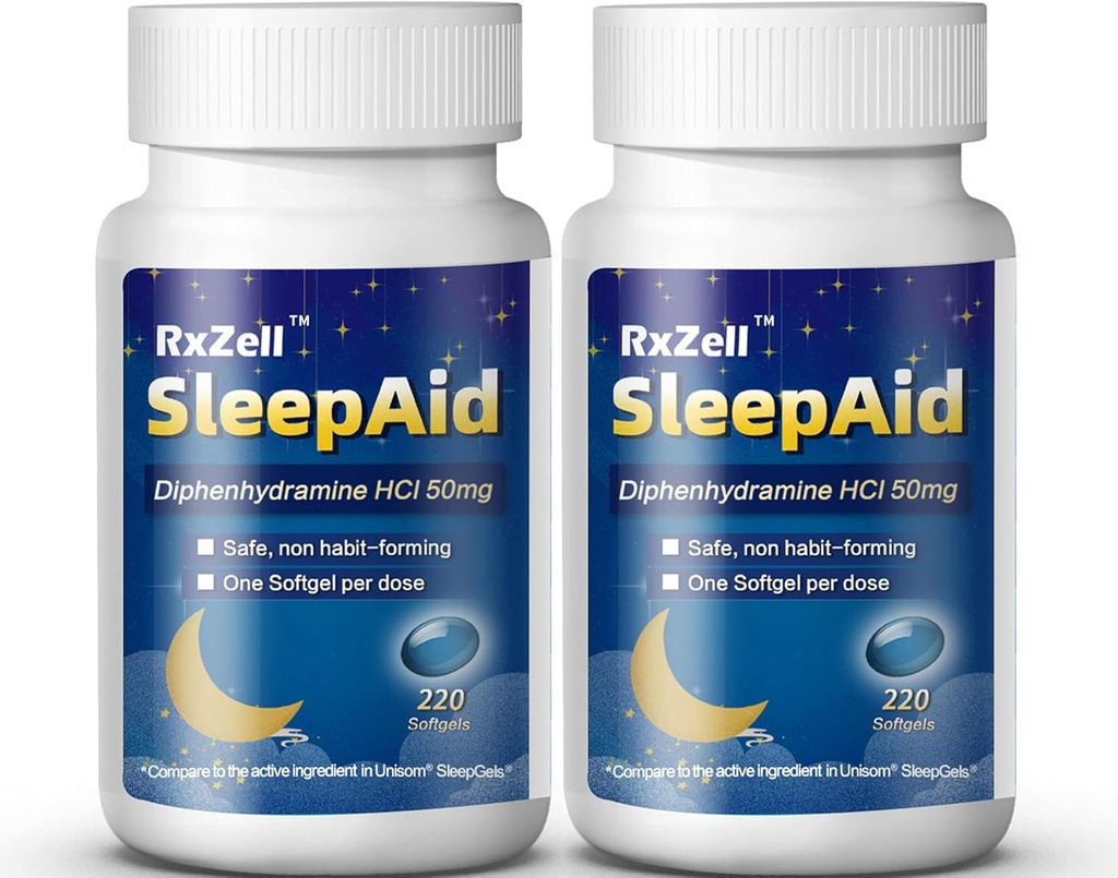 Sleep Aid, Diphenhydramine Softgels 50mg, Easy-to-Swallow, Supports Deeper Restful Sleeping, Non Habit-Forming (220 Counts | Pack of 2)