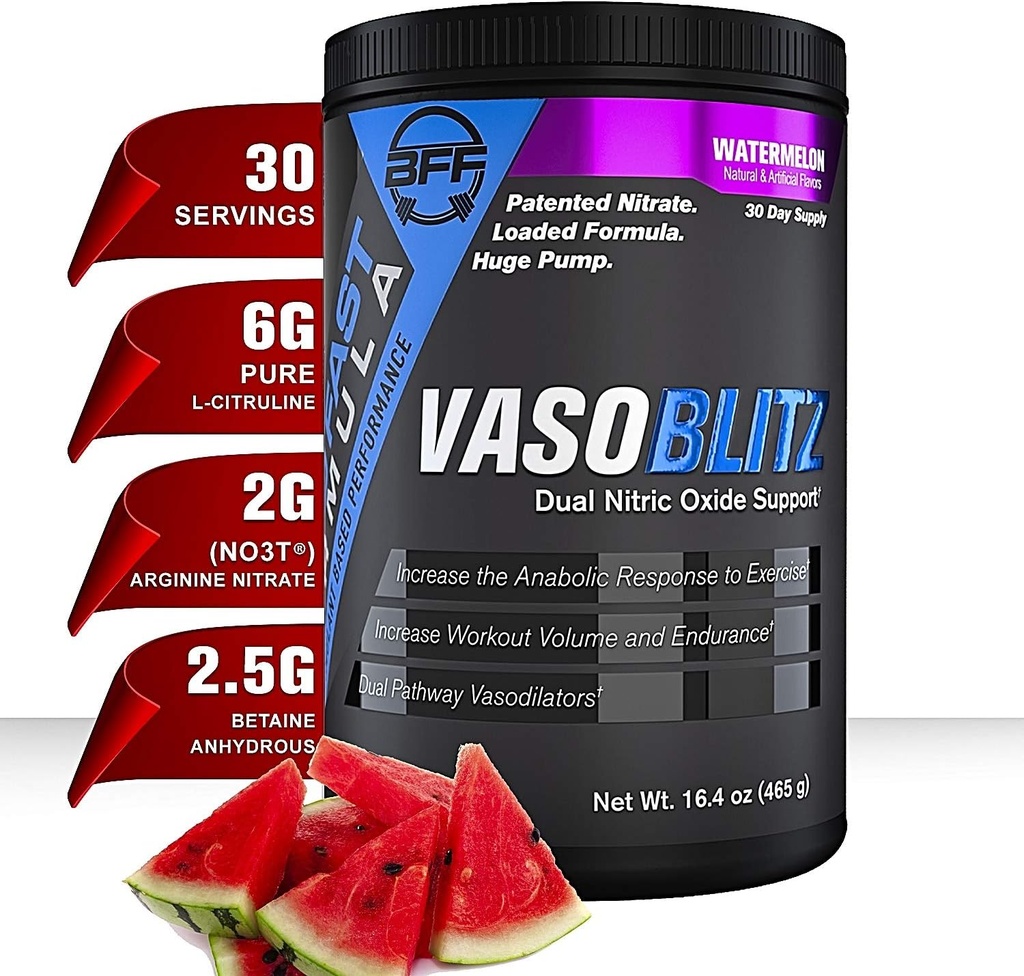 VASOBLITZ Ödülü Çift Nitrik Çimento Pre Workout with NO3T Arginine Nitrate,L-Citrulline,Betaine Anhidrus,Calcium Lactate,Caffeine Free for Muscular Endurance (30 hizmet) (Watermelon)
