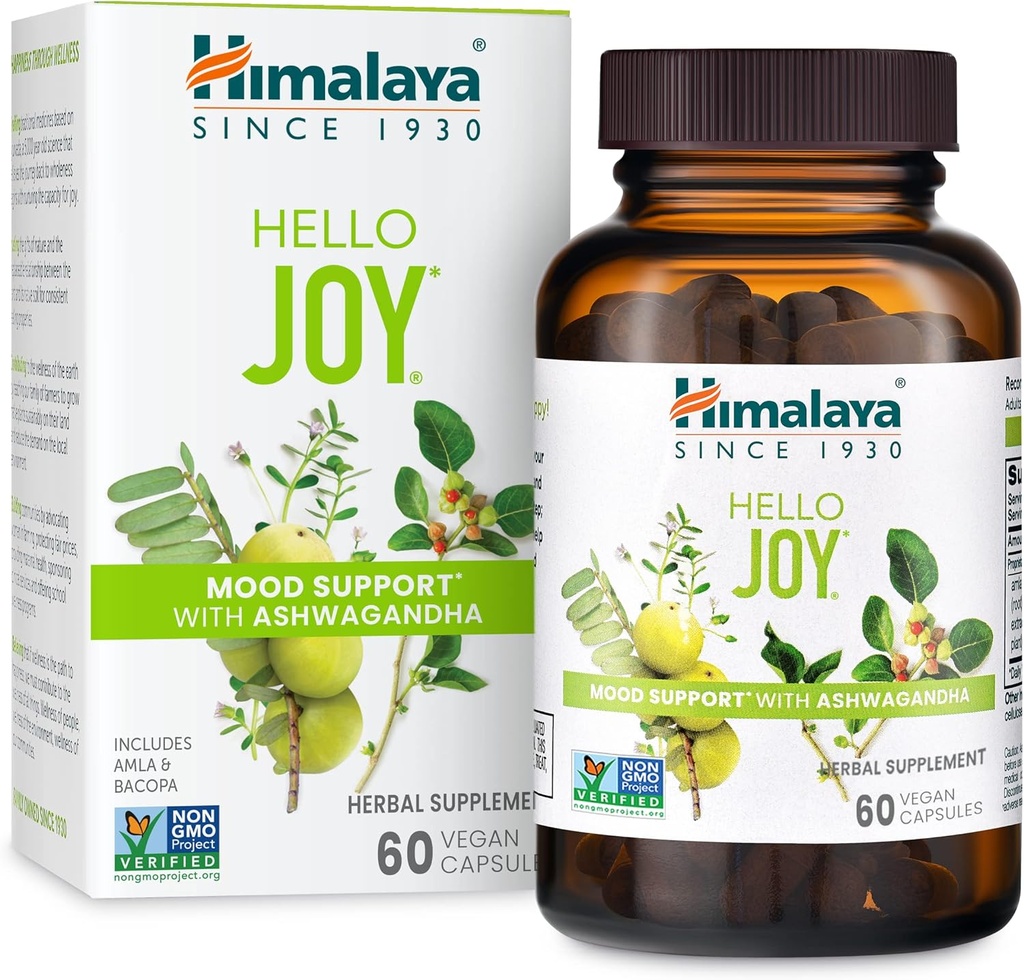 Himalaya Γεια σας Χαρά βοτανικό συμπλήρωμα, με Ashwagandha, Amla, Bakopa, Ιερός Βασίλειος / Τουλσί, Θετικό Outlook, Υποστηρίζει Κίνητρο, Άγχος ανακούφιση, Ισορροπημένη Κορτιζόλη, Μη ΓΤΟ, Vegan, 60 κάψουλες