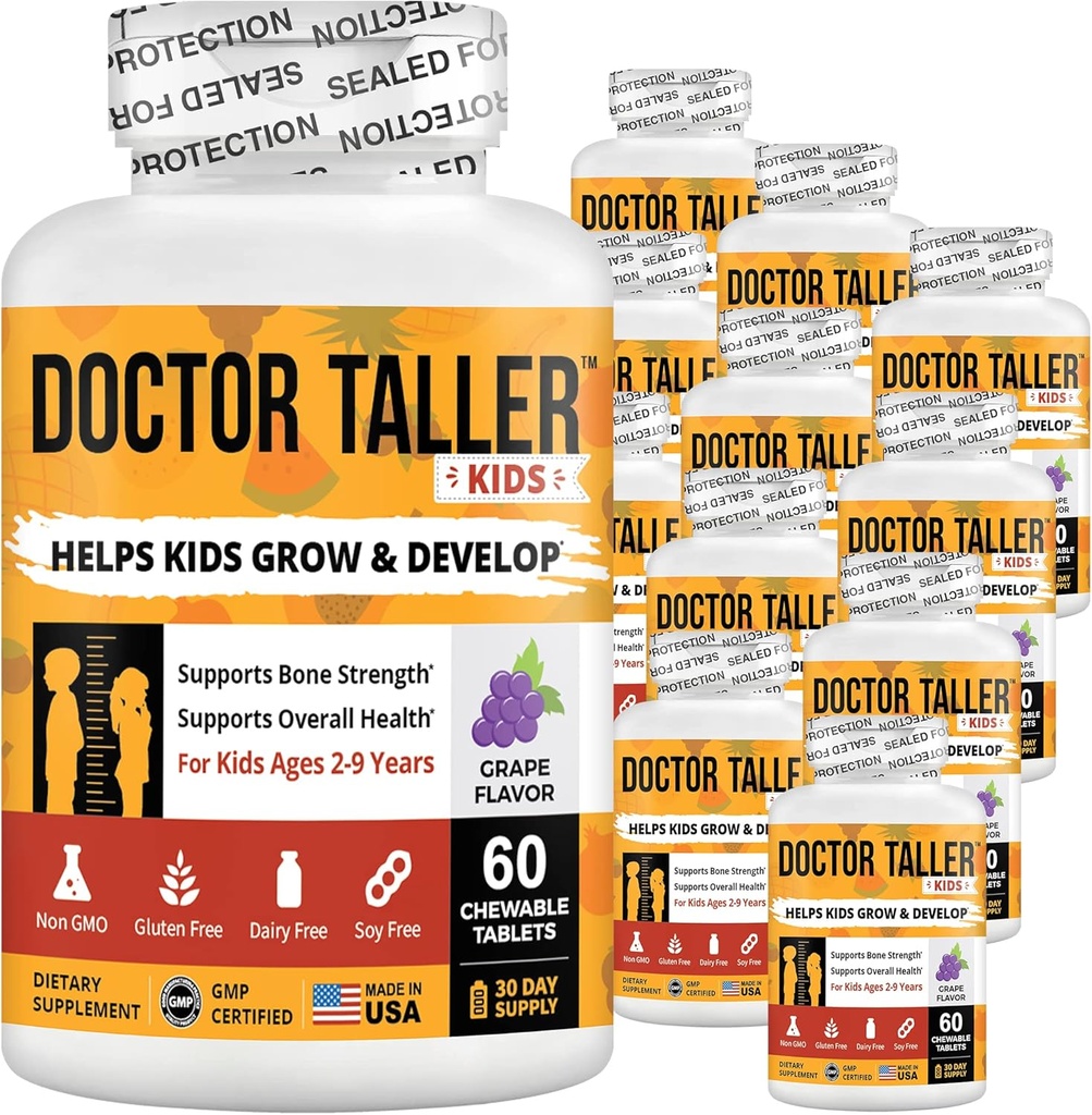 NuBest Doctor Taller Kids with Multivitamins, Multimineral, Calcium Chewable Tables, Συμπλήρωμα ασβεστίου για παιδιά Ηλικίες 2 έως 9 - Grape Flavor - Βοηθά τα παιδιά υγιή - 12 Pack
