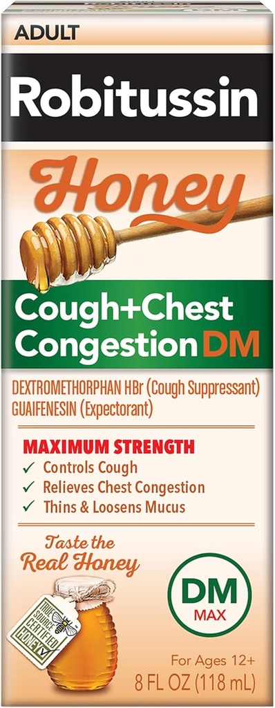 Robitussin Honey DM Max Cough Plus Chest Congestion, Yetişkin Formula - 8 Fl Oz.