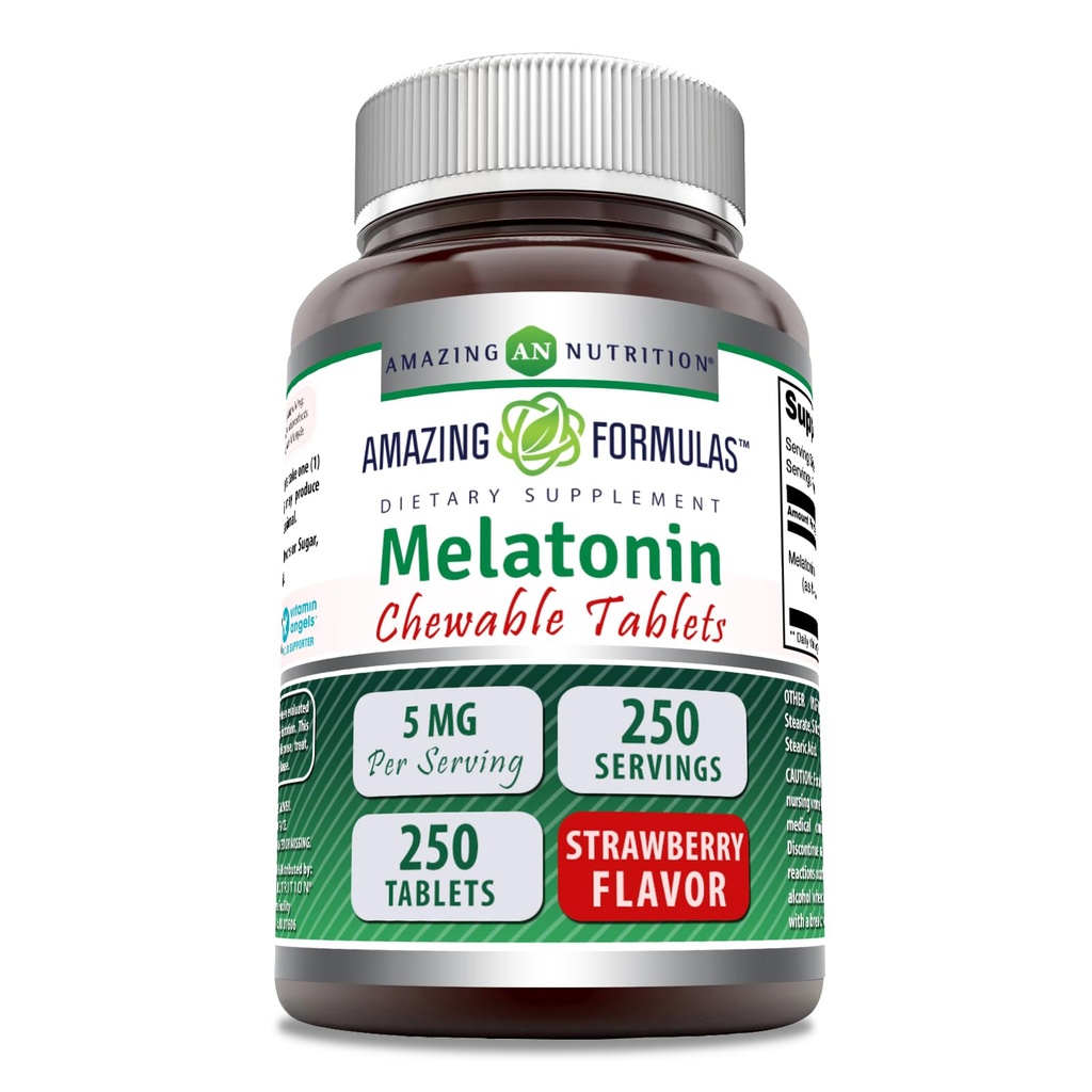Amazing Formulas Melatonin Chewable Supplement | 5 Mg Per | 250 Tablet | Non-GMO | Gluten-Free | Made in USA (Strawberry)