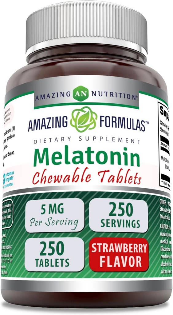 Amazing Formulas Melatonin Chewable Supplement | 5 Mg Per | 250 Tablet | Non-GMO | Gluten-Free | Made in USA (Strawberry)