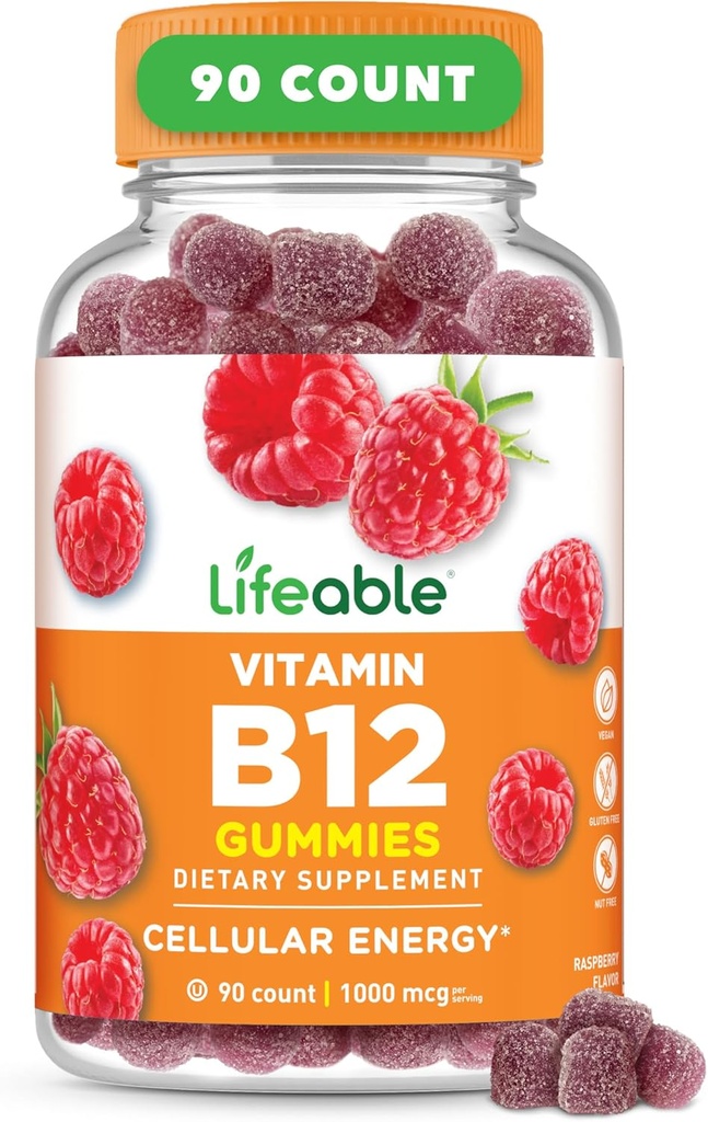 Yetişkinler için Yaşamlanabilir Vitamin B12 Gummies | 1000 mcg | Great Tasting B12 Vitamins | Non-GMO, Vegan B12 | Enerji ve Metabolism Desteği için | 90 Gummies