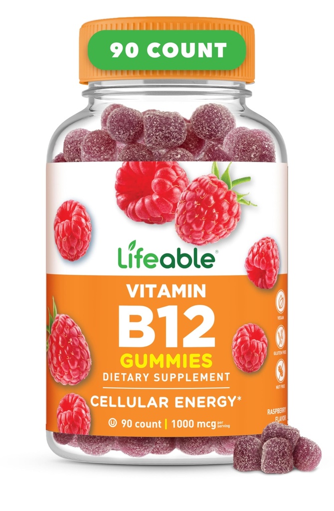 Yetişkinler için Yaşamlanabilir Vitamin B12 Gummies | 1000 mcg | Great Tasting B12 Vitamins | Non-GMO, Vegan B12 | Enerji ve Metabolism Desteği için | 90 Gummies