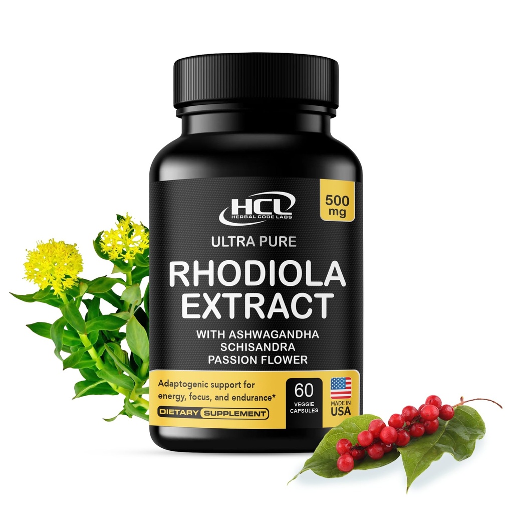 Rhodiola Rosea Supplement High Potency 500 mg -% 3 Rosavins% 1 Salidrosides with Ashwagandha Shisandra Passion Flower Herb Toz Capsules - Enerji için Doğal Yol - Piller