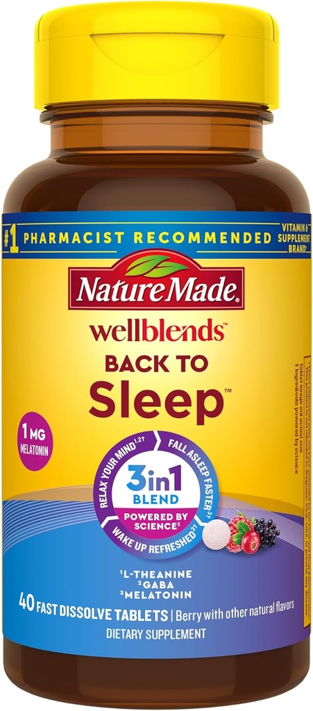 Nature Made Wellblends Back To Sleep, Lower Dose Melatonin 1 mg, L theanine 100 mg ve GABA 100 mg, Sleep Supplement, 40 Hızlı Dissolve Tabletler