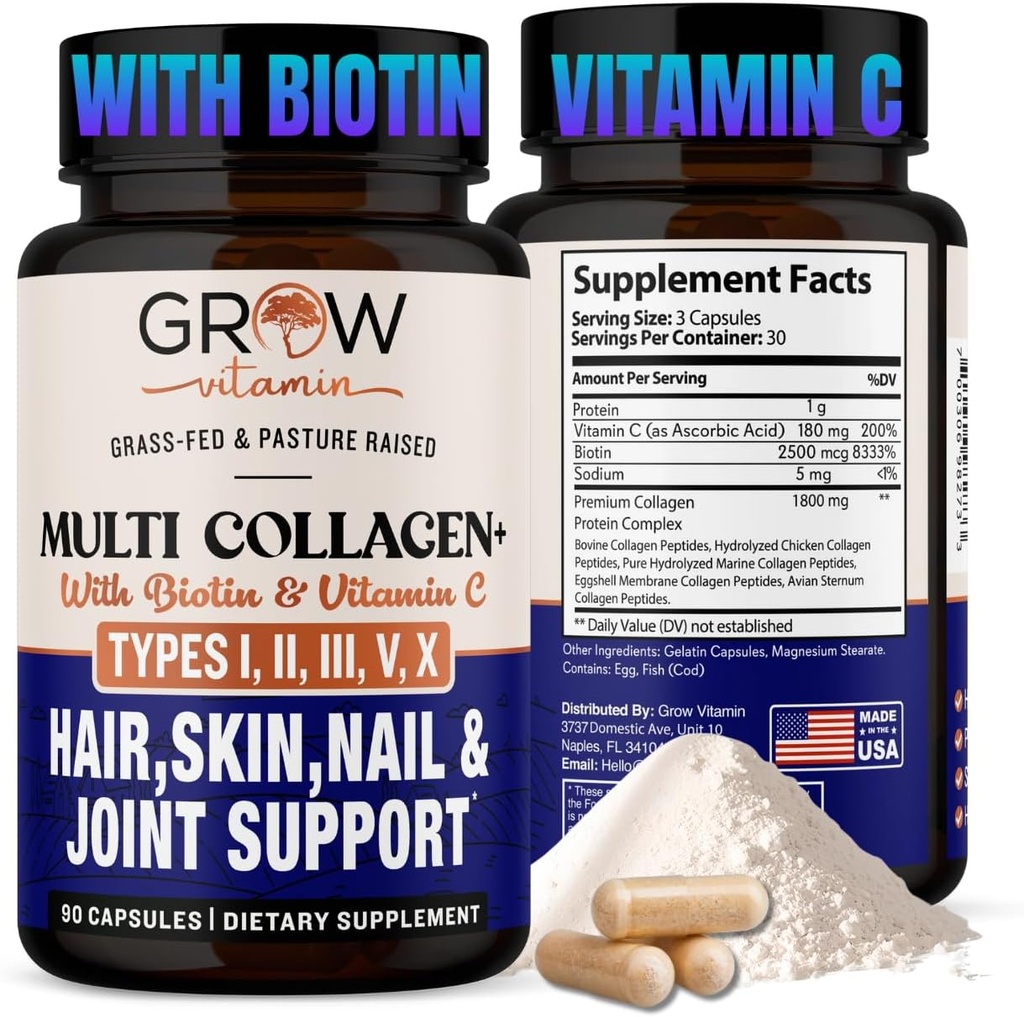 Καλλιέργεια βιταμίνης Multi Collagen Κάψουλες 1800MG (Τύποι I, II, III, V & X) - Μη ΓΤΟ, Grass Fed Collagen - Αντι γήρανση Υποστήριξη για τα μαλλιά, δέρμα, νύχια - χάπια πρωτεΐνης για κοινή υποστήριξη - 90 κάψουλες