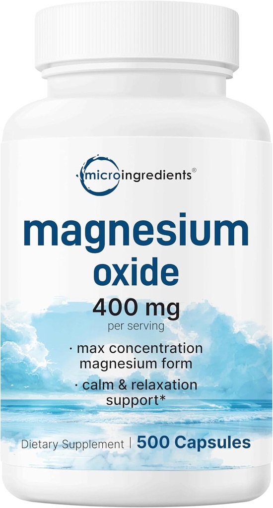 Magnezyum Oksit 400 mg, 500 Capsules | Max Concentration için Elemental Form | Destekler Calm, Muscle & Nerve Health | Non-GMOMO