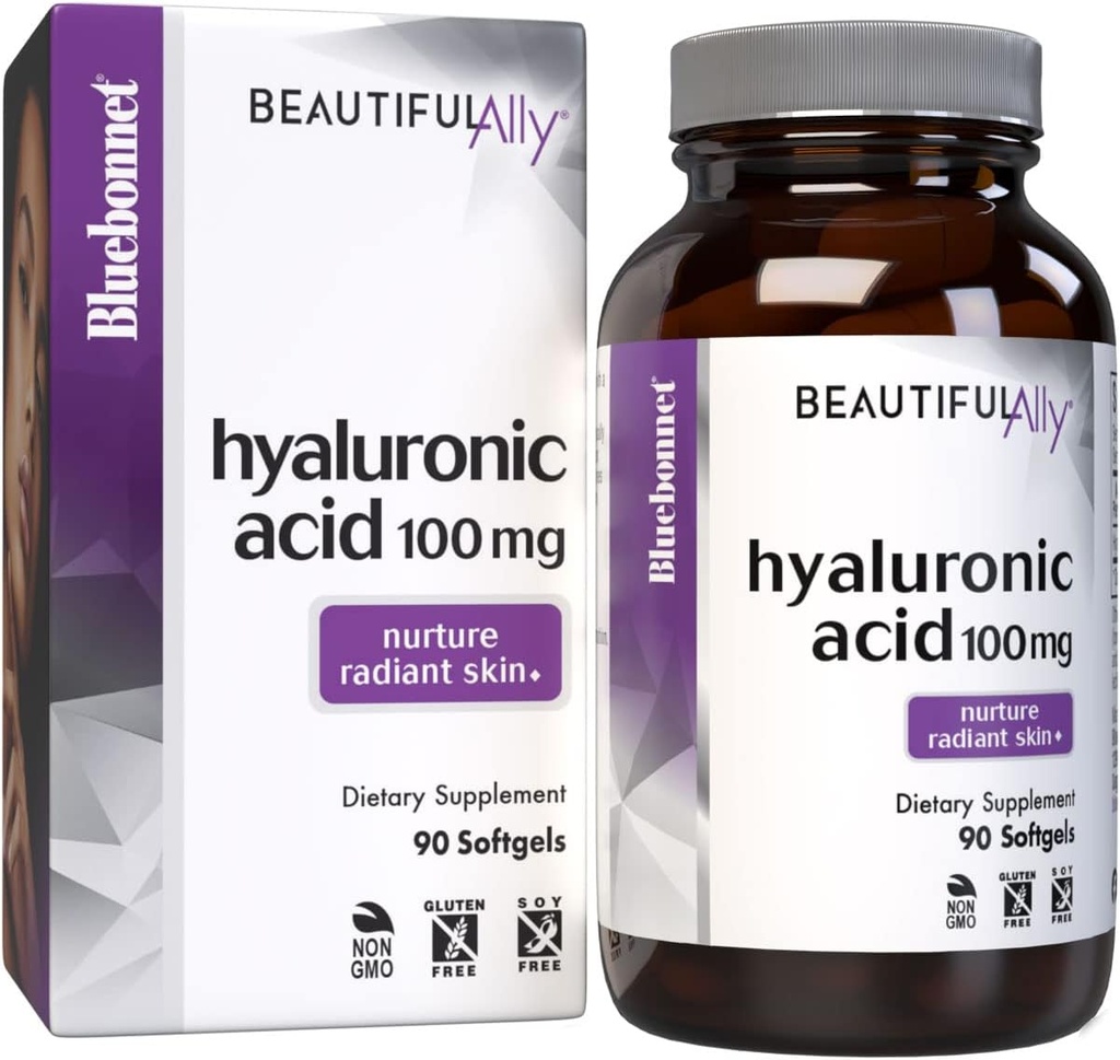 Bluebonnet Beslenme Güzel Ally Hyaluronic Acid 100 mg, Nurture Radiant Skin*, Non-GMO, Gluten-Free, Soy-Free, 90 Softgels, 90 Servisler