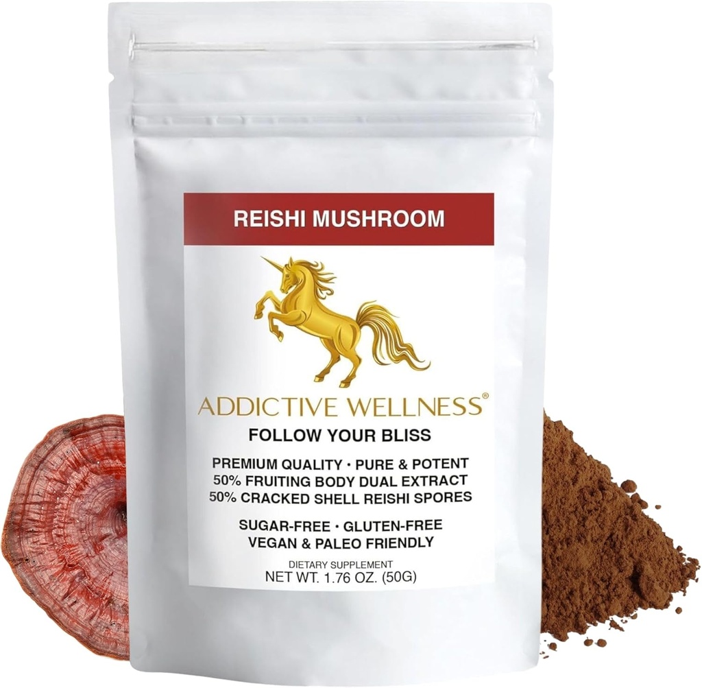 Addictive Wellness Reishi Mushroom Extract Toz + Sporlar (50/50 Mix) Wood Grown Pure & Potent Wildcrafted Ganoderma 50g (1.76 oz)