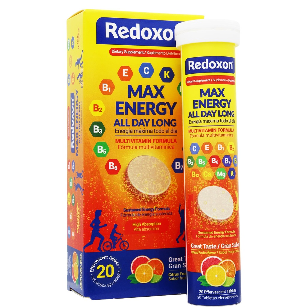 Redoxon Max Energy, Inmune System, Citrus Flavor, 20 Effervescent Tabletler, 2.82 Oz, Box