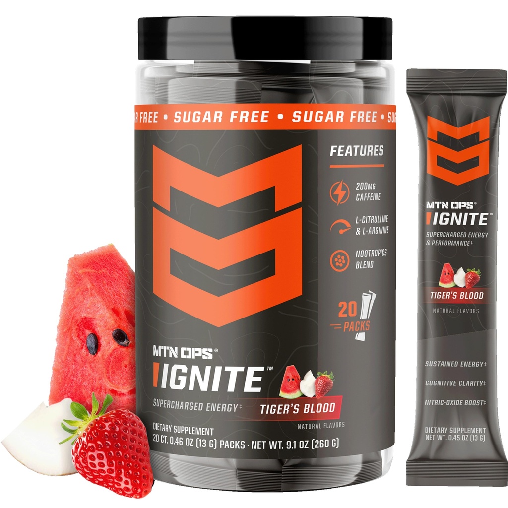 MTN OPS Ignite Energy Powder, Zero Sugar, Tiger's Blood | Sugar Free, 200mg Caffeine, Nootropic Blend for Energy, Focus & Endurance, L Arginine & L Citrulline