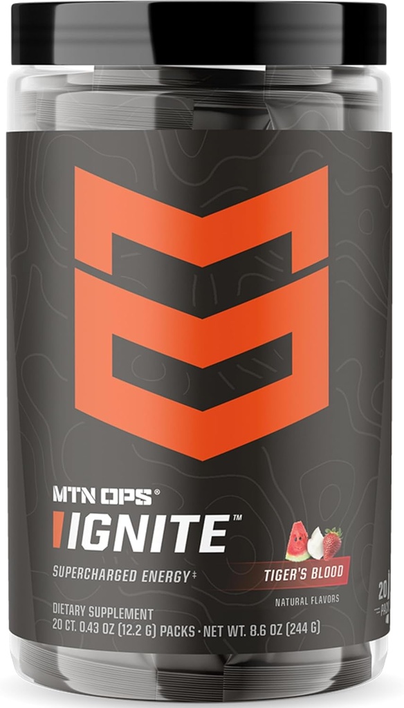 MTN OPS Ignite Trail Packs Energy Drink Toz, Gluten Free Nootropic Supplement Drink Mix, L Arginine, L Citrulline, Caffeine & Nootropic Sugar Free Drink Mix, 20 Services, Tiger's Blood