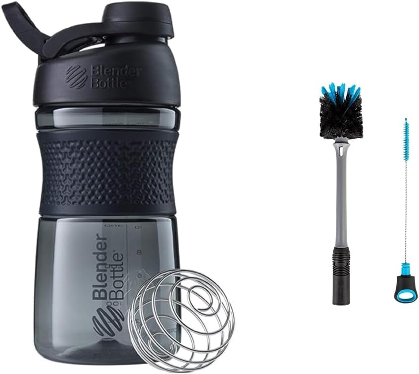 BlenderBottle SportMixer Shaker Şişe Protein Shakes ve Pre Workout için mükemmel, 20Ounce, Black & 2in-1 Shaker Şişe ve Straw Temizlik Fırça, 1 Pack,Gray