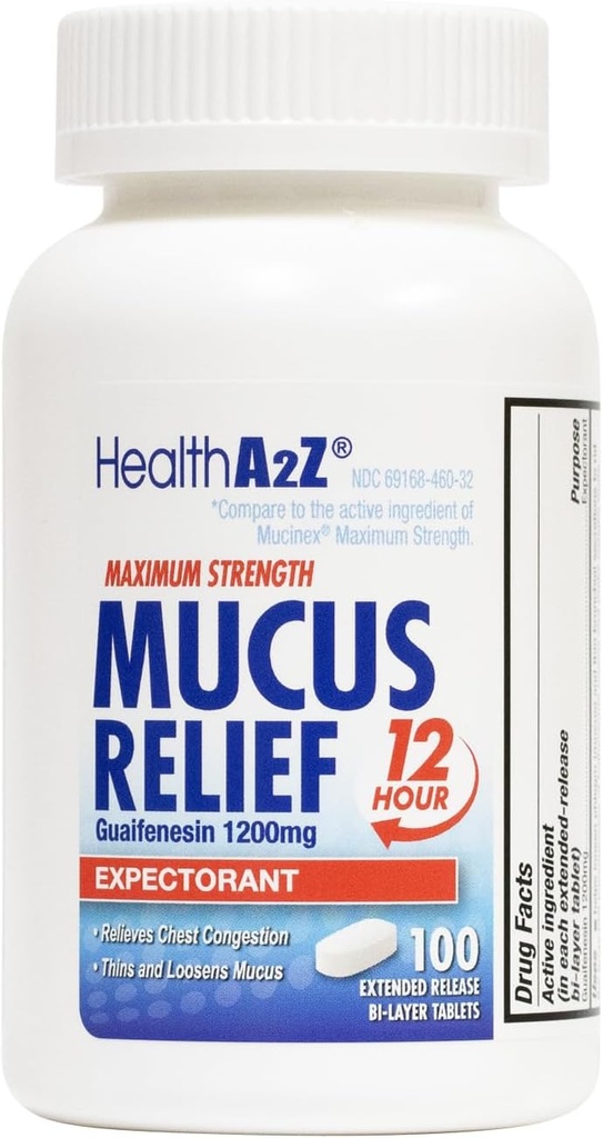 HealthA2Z® Mucus Relief | Guaifenesin 1200 mg | 100 Tablet | En Güçlü | 12 Saat | Umut | Relieves Chest Congestion | İnces and Loosens Mucus (100 Tablet)