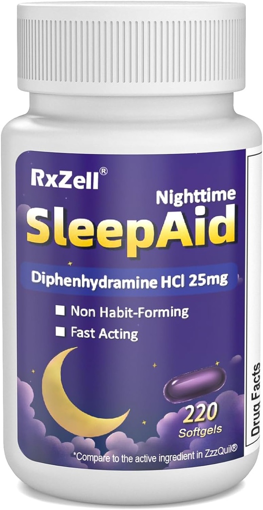 Sleep Aid, Diphenhydramine HCl 25mg, 220 Softgels - Fall Asleep Faster, Deeper Restful Sleep, Non Habit-Forming