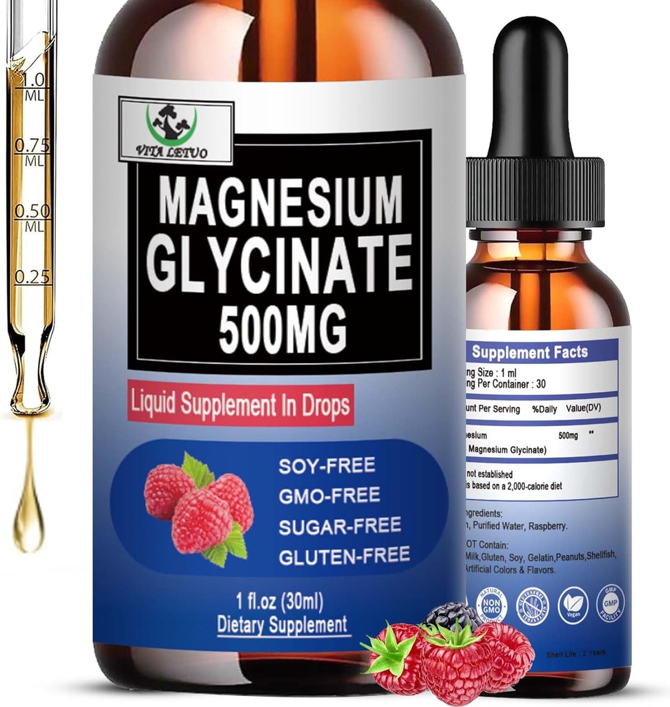 Magnesium Glycinate 500mg, Liquid Magnesium Glycinate Drops 6X High Absorption for Bone, Sleep, Leg Cramps & Immune Support, Vegan, Non-GMO, Gluten-Free | 30 Servings