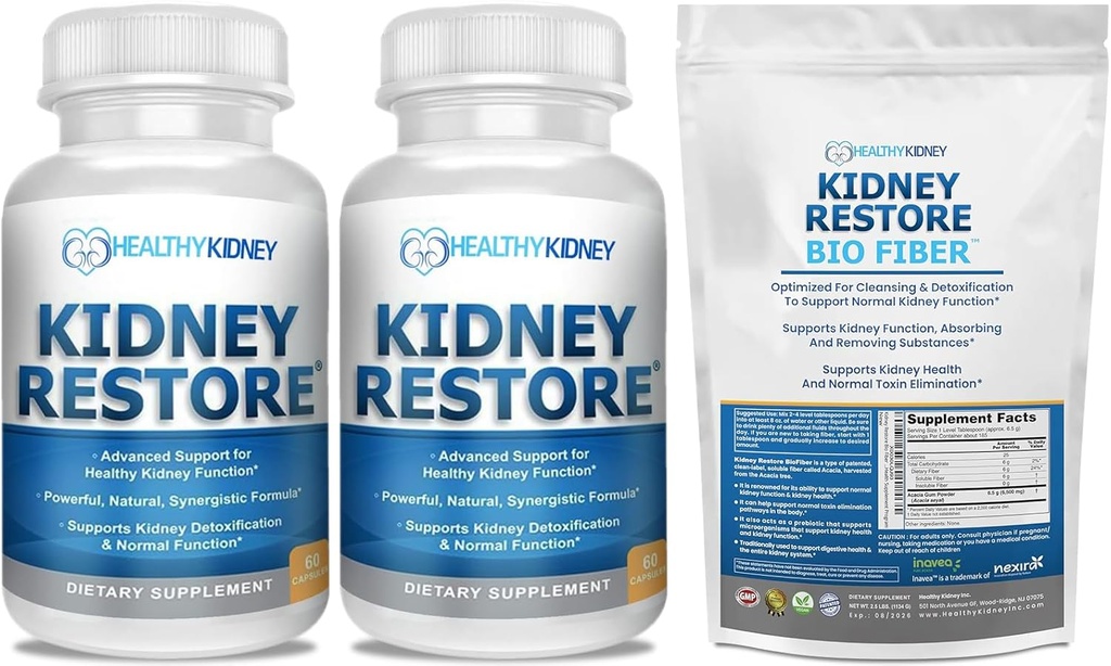 Kidney Cleanse and Kidney Health Supplement to Support Normal Kidney Function 60 caps-2 Pack + Bio Fiber, Kidney Cleanse Detox & Tamir - Restorative Kidney Support & Kidney Supplement 2.5 LBS