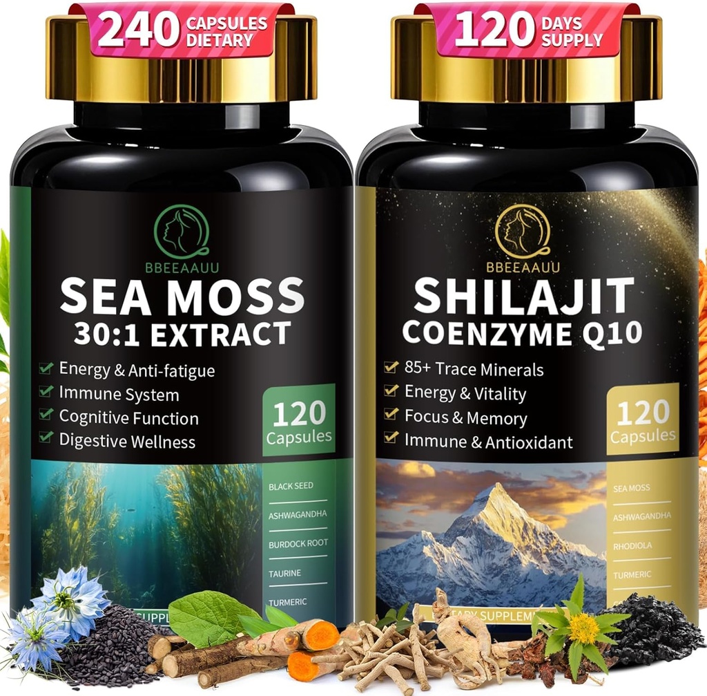 Shilajit για τους άνδρες, Sea Moss και Shilajit Bundle, Όλα σε 1 Συμπληρώματα με Συνένζυμο Q10, Μαύρος Σπόρος, Ashwagandha, Taurine, Burdock για ενέργεια, αντοχή, αντιοξειδωτικό & ανοσοποιητική υποστήριξη, 240 κάψουλες