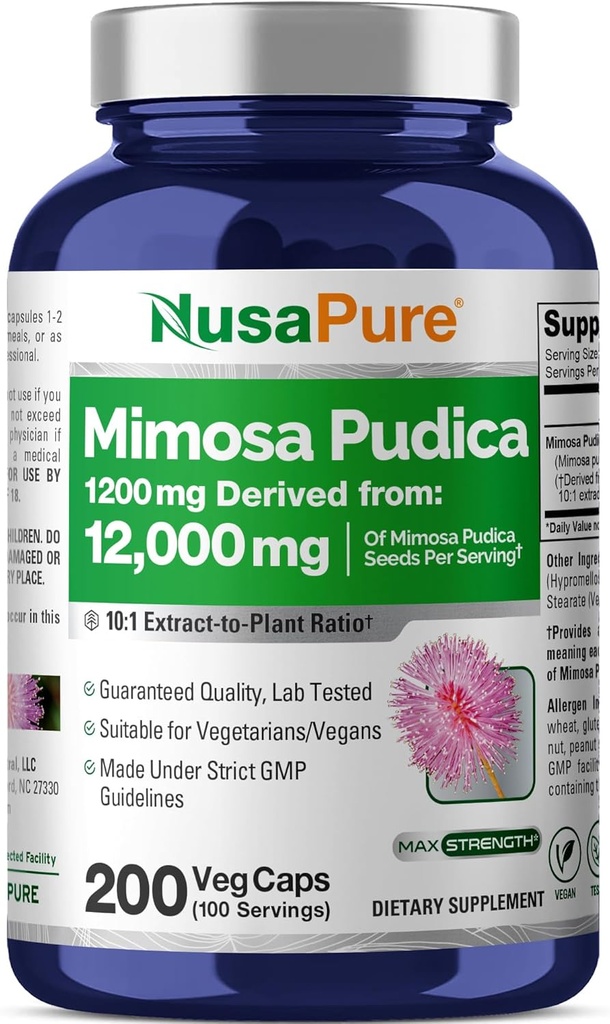 NusaPure Mimosa Pudica Seed 10:1 Extract, 1200 mg Ισοδύναμα με 12.000 mg 200 κάψουλες Veg (Non-GMO, Vegan)