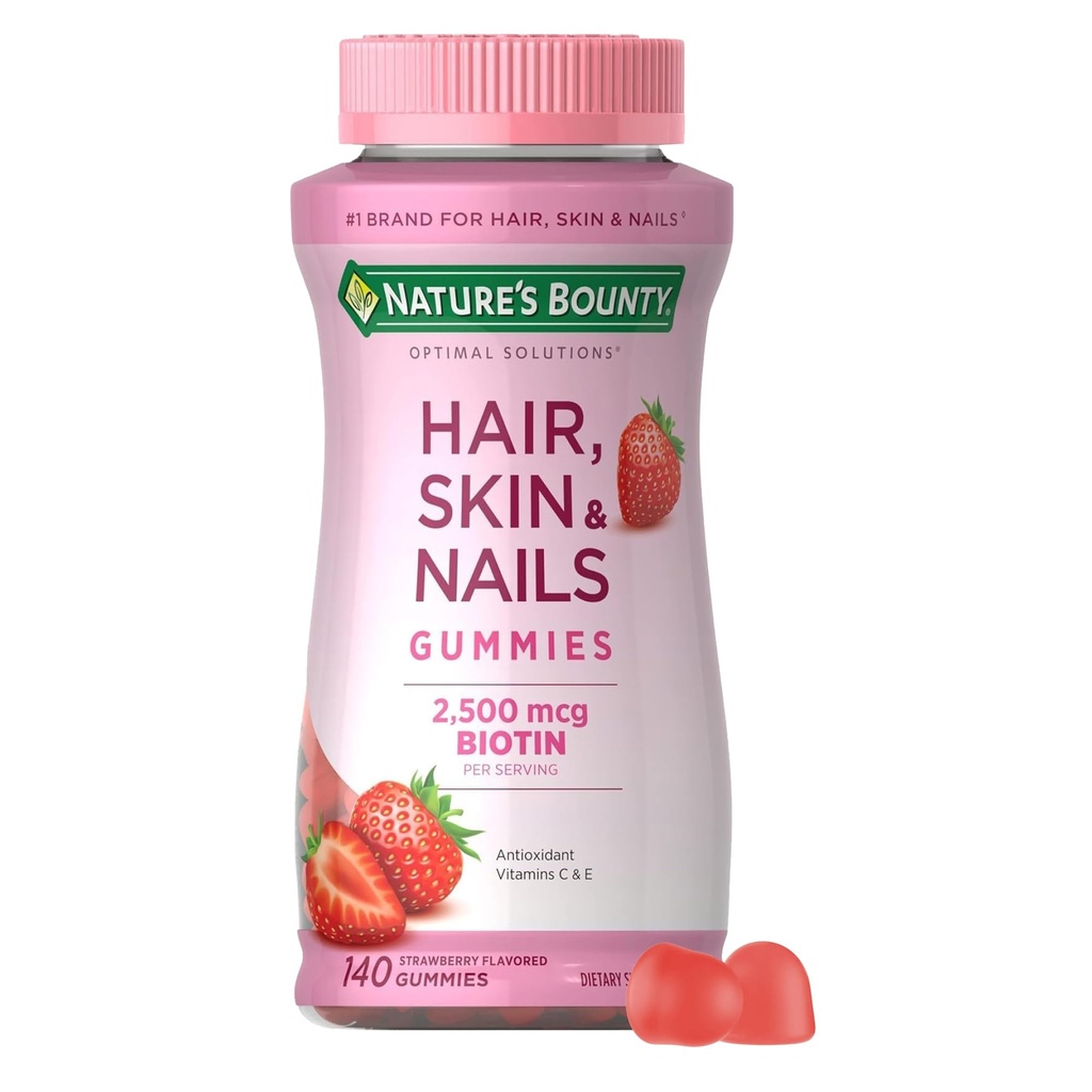 Nature's Bounty Hair, Skin & Nails with Biotin, Strawberry Gummies Vitamin Supplement, Supports Hair, Skin, and Nail Health for Women, 2500 mcg, 140 Ct, 70 Toplam Hizmetler