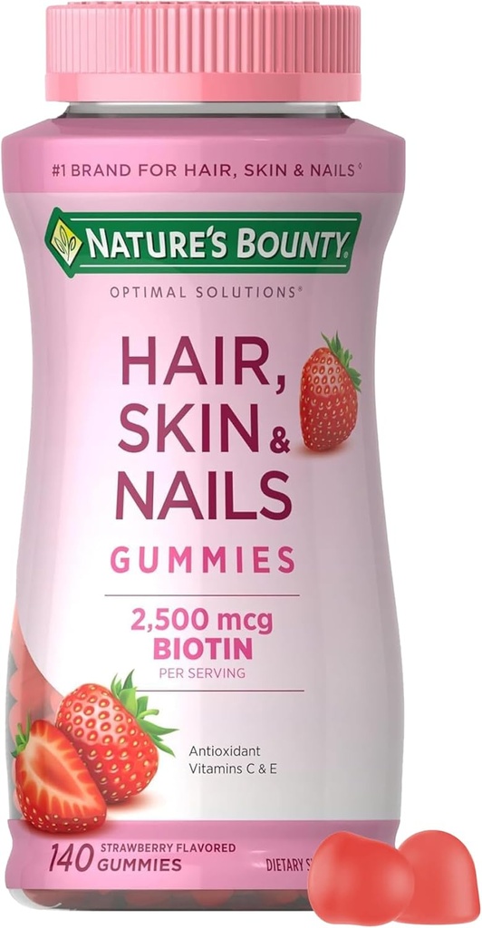 Nature's Bounty Hair, Skin & Nails with Biotin, Strawberry Gummies Vitamin Supplement, Supports Hair, Skin, and Nail Health for Women, 2500 mcg, 140 Ct, 70 Toplam Hizmetler
